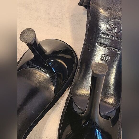 St. John Odessa Satin Mules, Crystal Buckle Black & Gold Heels | 8B - Picture 10 of 14